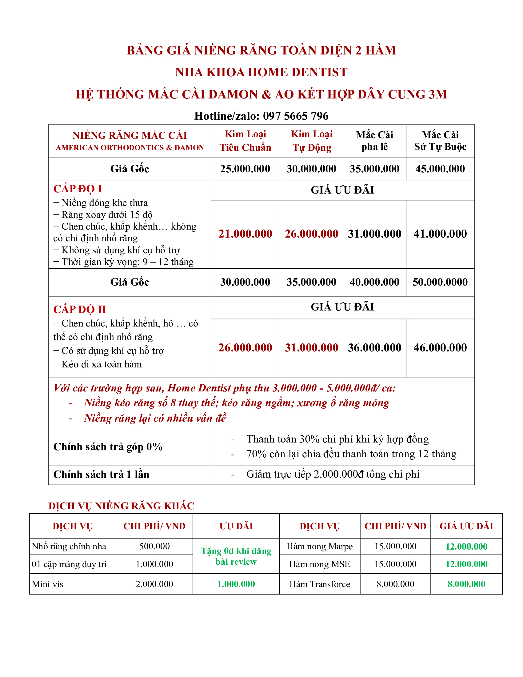 Bảng giá niềng răng mới nhất tại Home Dentist